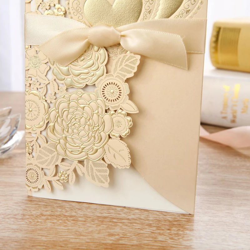 25 шт. Золотая лазерная резка свадебные приглашения открытка розовое сердце на