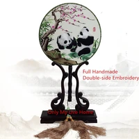 handmade embroidery panda round natural silk chinese hand fan gift hanfu dance accessories table ornaments with ebony base