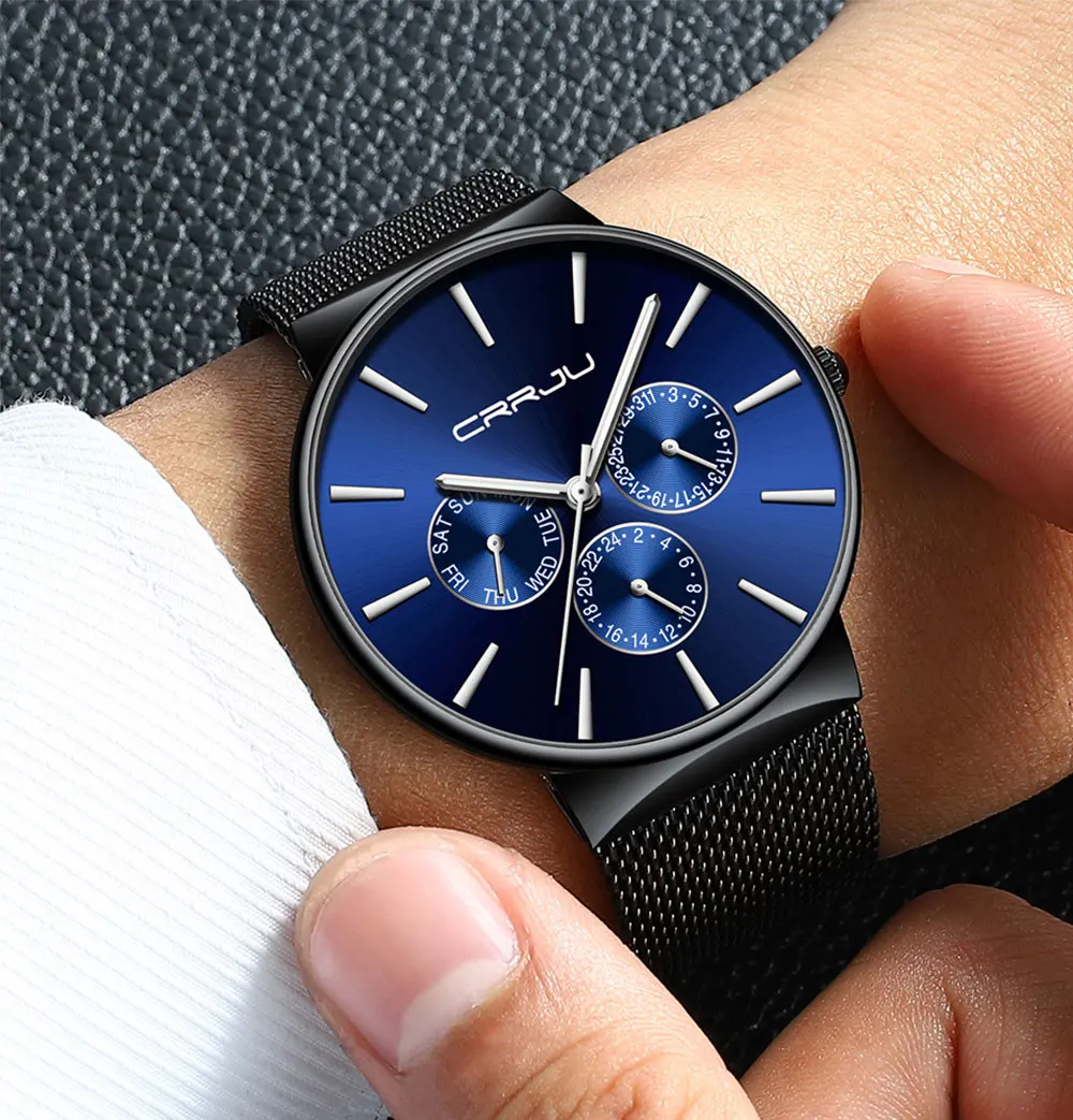 Reloj hombre,, CRRJU, Топ бренд, Роскошные мужские часы, водонепроницаемые, ультра тонкие, дата, наручные часы, мужские, сетчатый ремешок, повседневные, кварцевые часы