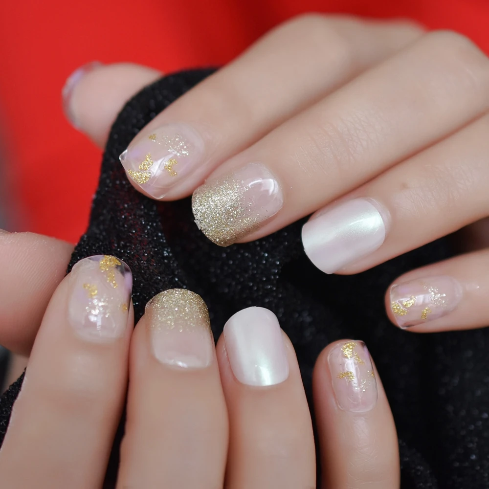 Блестящие Платиновые золотые прозрачные французские накладные ногти жемчужные
