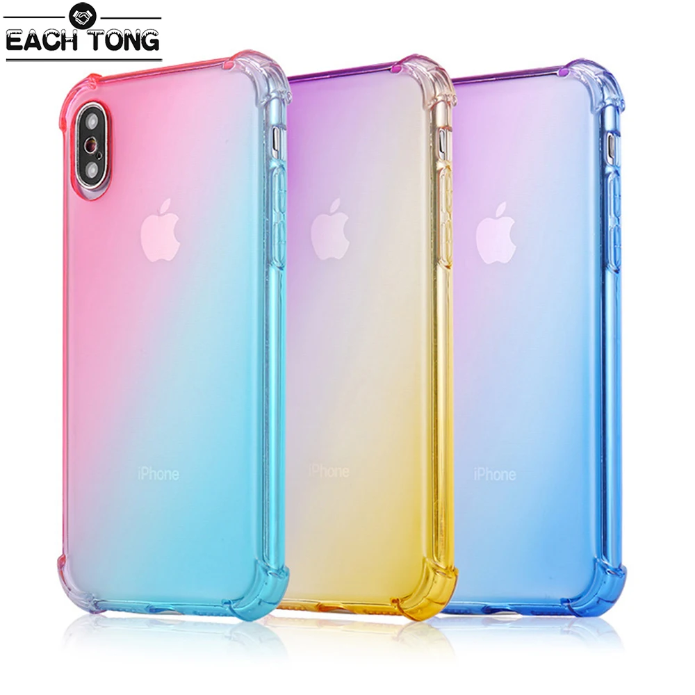 Shockproof Soft TPU Phone Case Transparent Gradient Cute Mobile Cover for iPhone 7 6 S 8 Plus XS Max with Film |