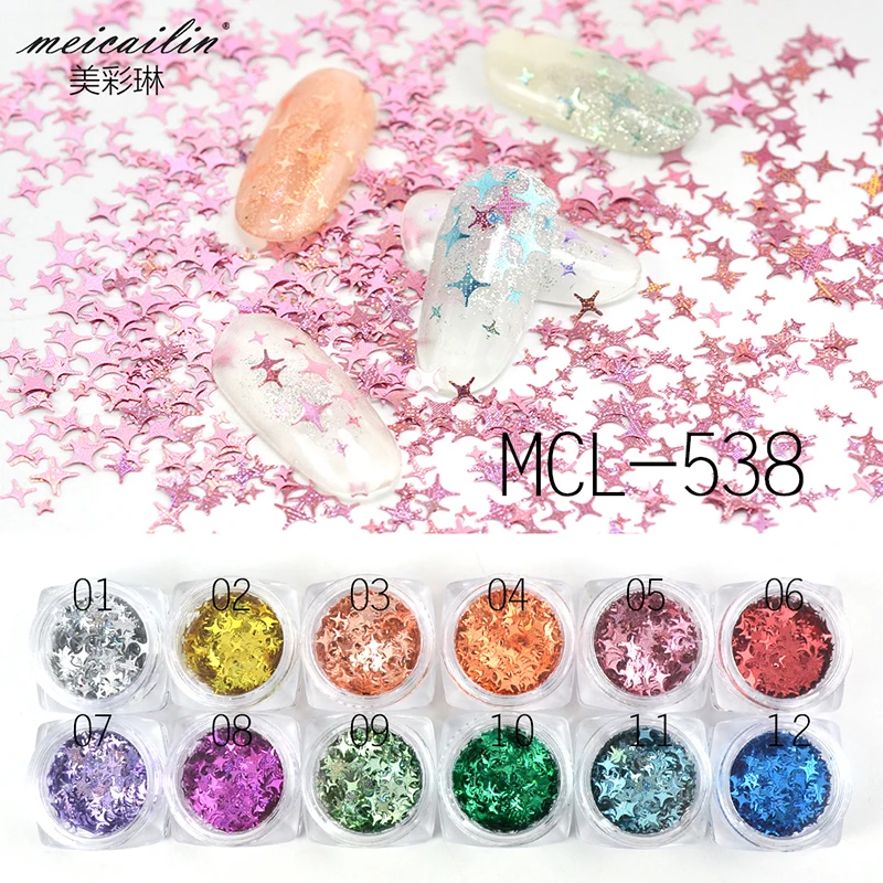 

12 Jars/Sets Glitter Four-pointed Star Nail Sequin Mixed Colorful paillette DIY Tips Charm Polish Flake 3D Nail Art Decorations