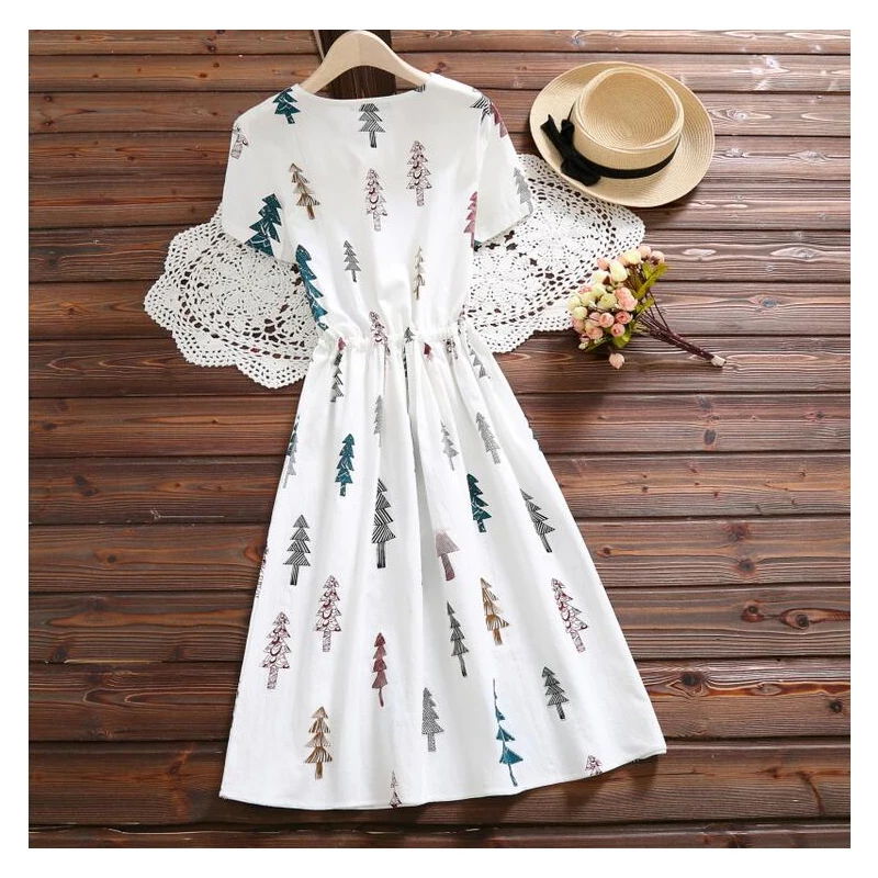 Mori Girl Cotton Linen Vintage Summer Women Clothing O-neck Tree Printed Dress Short Sleeve Loose Casual Vestidos PP-361 | Женская