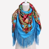 hot sale russian brand new fashion big size square scarf cotton long tassel print scarf in spring winter shawl for women floural