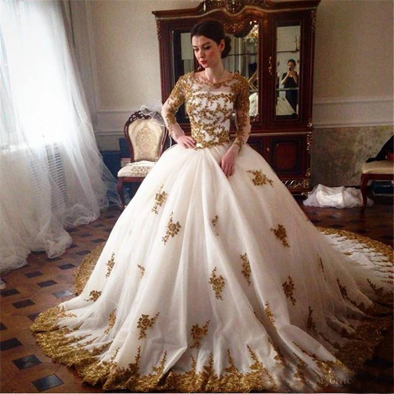 

Custom Made Princess Long Sleeve Fluffy Golden Appliques Luxury Plus Size Wedding Dresses Wedding Gown 2019 Vestidos De Novia