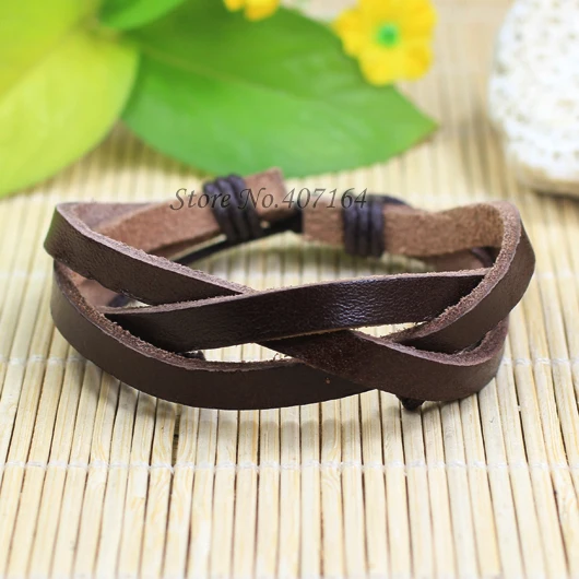 SF15-Handmade модные коричневые wrap Многослойная натуральная кожа браслет с веревкой