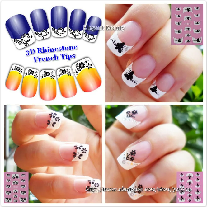 

wholesale lace black & white Nail Art seal French tip with Rhinestone 3D nail sticker decals 500packs/lot free EMS/ DHL shipping