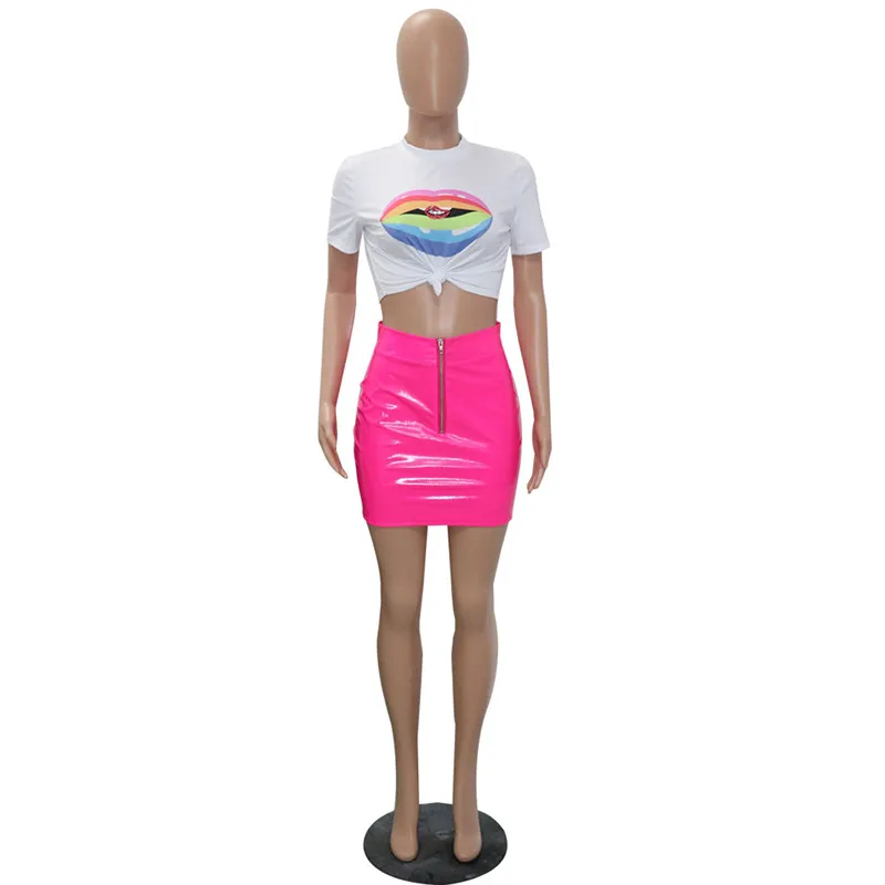 Lips Pattern Printed White Crop Tees Top Blue/Yellow/Red/Fuchsia Front Zipper PU Leather Package Hips Mini Skirts Suits Online | Женская