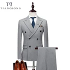 Мужской двубортный костюм, приталенный Свадебный костюм из черного или серого цвета, пиджак под смокинг + брюки + жилет, Новинка