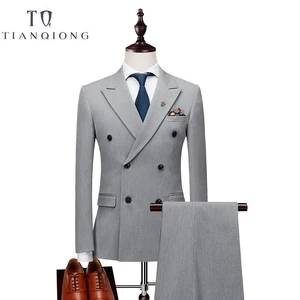Мужской двубортный костюм, приталенный Свадебный костюм из черного или серого цвета, пиджак под смокинг + брюки + жилет, Новинка