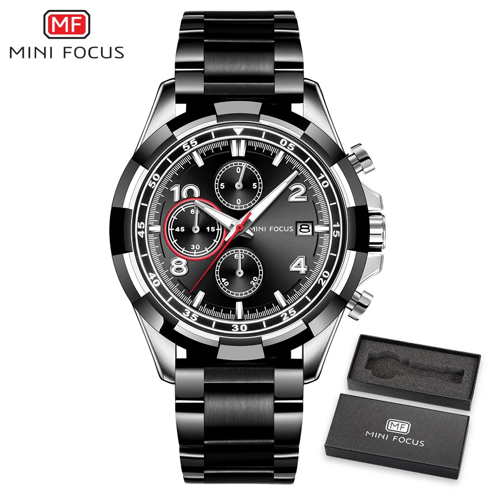 Black Silver MINIFOCUS, мужские часы, дата, неделя, спортивные, мужские часы, хронограф, лучший бренд, Роскошные, водонепроницаемые, из нержавеющей стали, кварцевые, мужские, деловые часы - Цвет: Black Silver