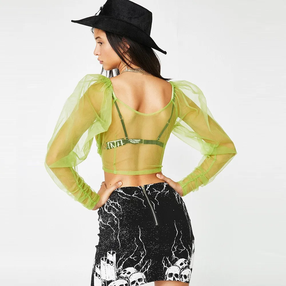 V-neck Solid Lace Blouses Shirts Women Summer Sexy Mesh Crop Top Ladies Long Sleeve Fishnet cwa0182-5 |