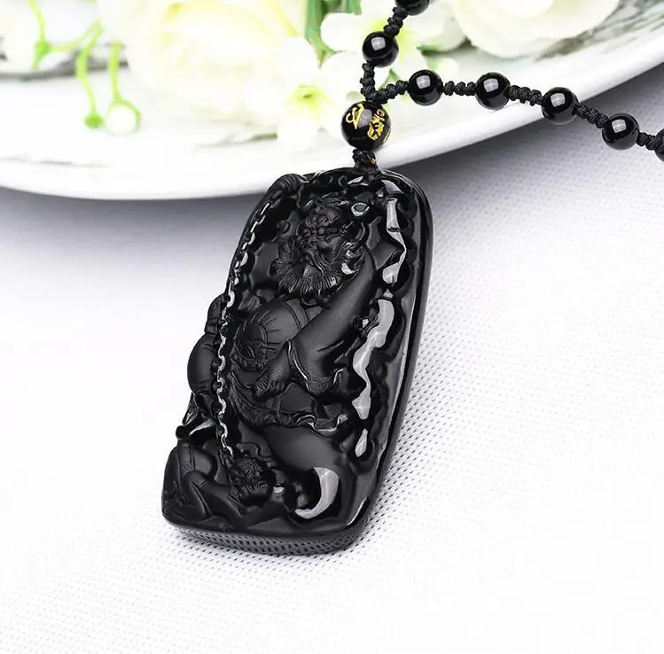 NATURAL OBSIDIAN CARVED CHINESE ZHONG KUI AMULET PENDANT(obsidian pendant) | Украшения и аксессуары