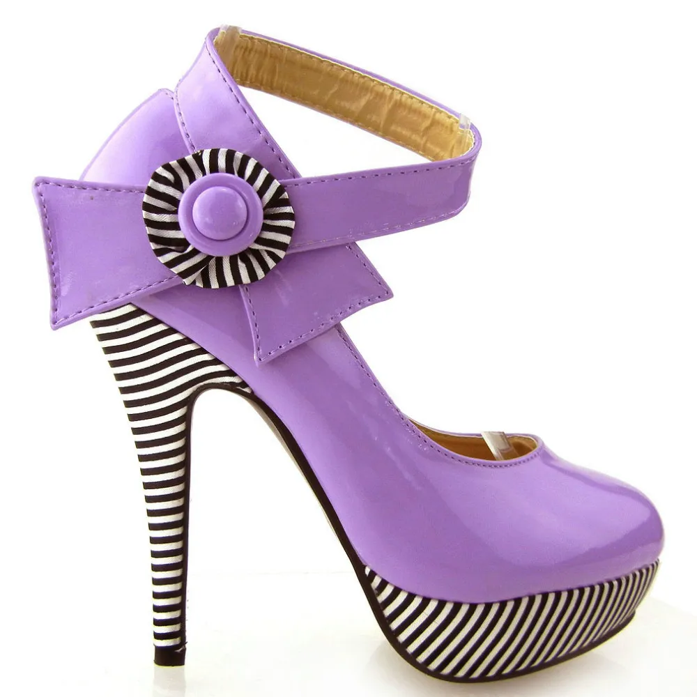 

LF30404-3 New Ladies Flower Ankle Strap Stripe Platform Party Pumps