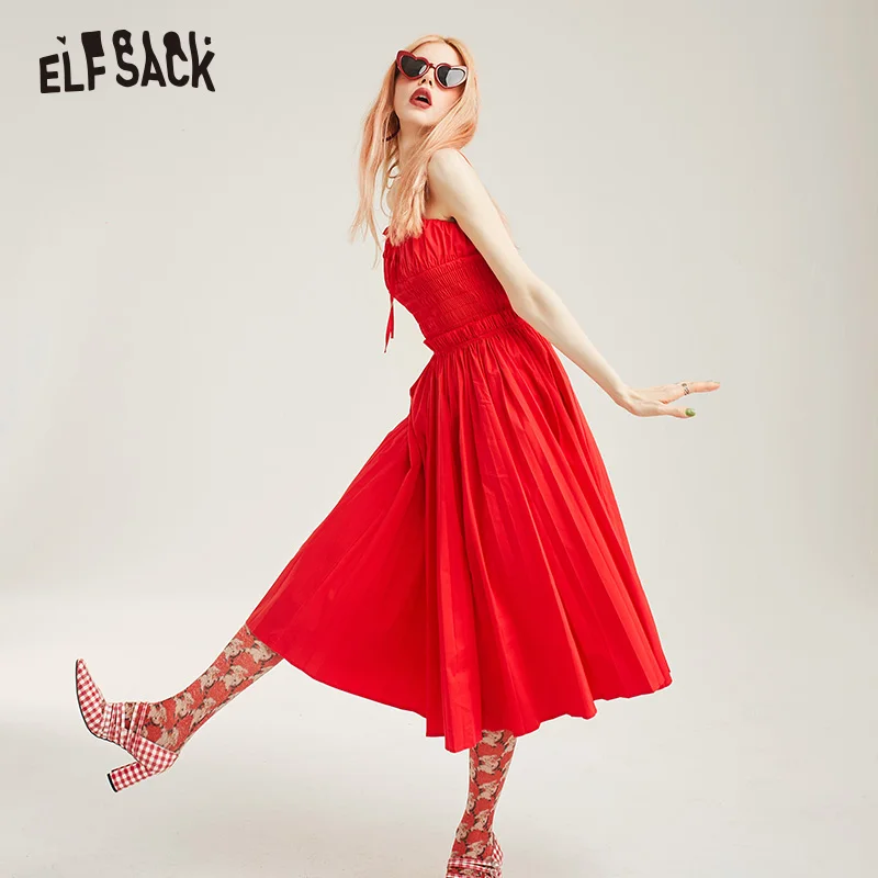 ELF SACK/Винтажные красные плиссированные платья сексуальные с открытыми плечами на