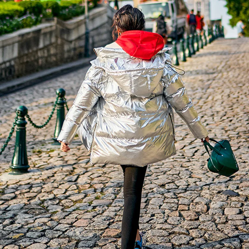 2018 короткая зимняя куртка Для женщин модные серебряного цвета яркая утепленная