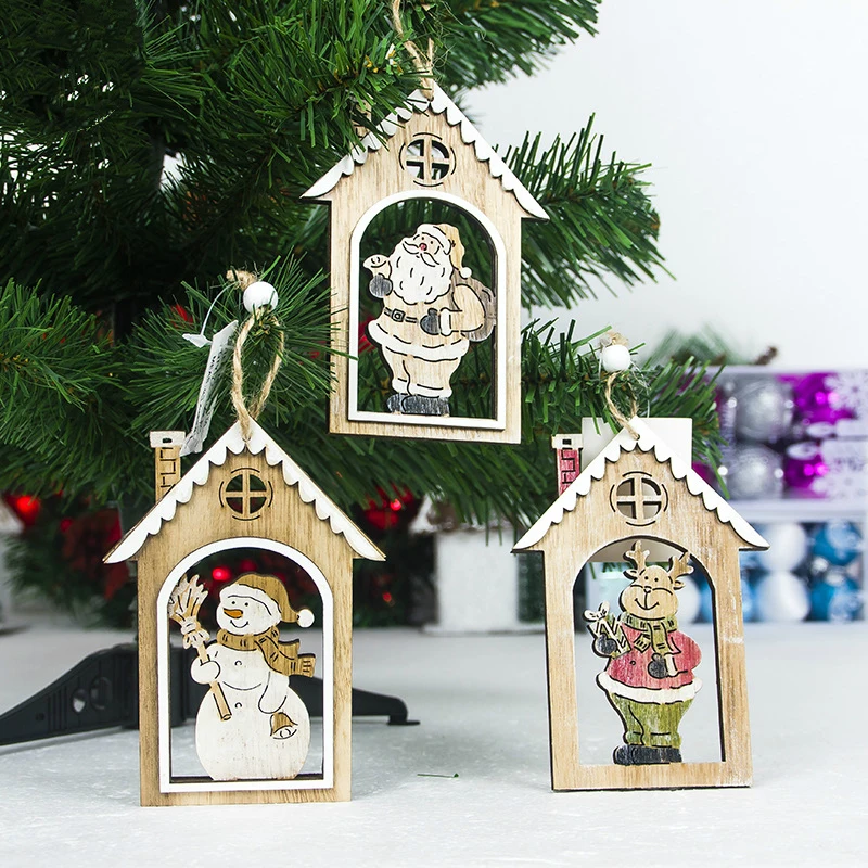 Christmas Wooden House Pendant Hollows Santa Claus/Snowman/Elk Ornaments Wood Arts Crafts Xmas Tree New Year Decoration For Home | Дом и сад