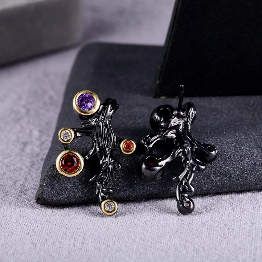 ZHE FAN Vintage Stud Earrings For Women AAA CZ Zirconia Black Gold Color Tree Branch 2 Tone Plating Jewelry Party Gift |