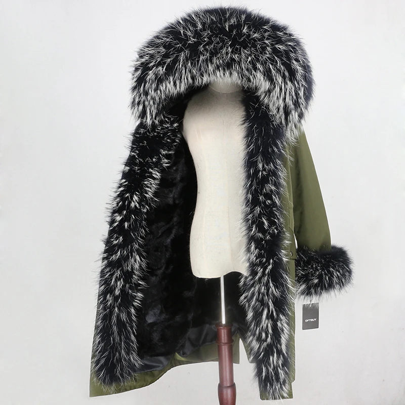 green black W OFTBUY X-long Parka водонепроницаемая верхняя одежда зимняя куртка женская шуба из натурального меха енота Капор из норки съемная меховая подкладка - Цвет: green black W