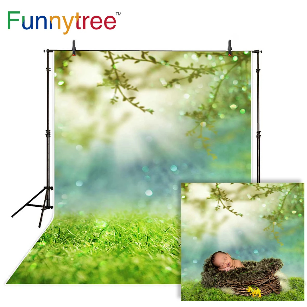 Фон для фотосъемки Funnytree весенний фон с зеленой травой блестящим деревом