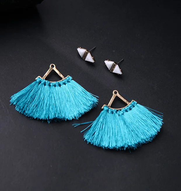 

Women fashion earrings, thread fringe earrings, blue fringe fan earrings
