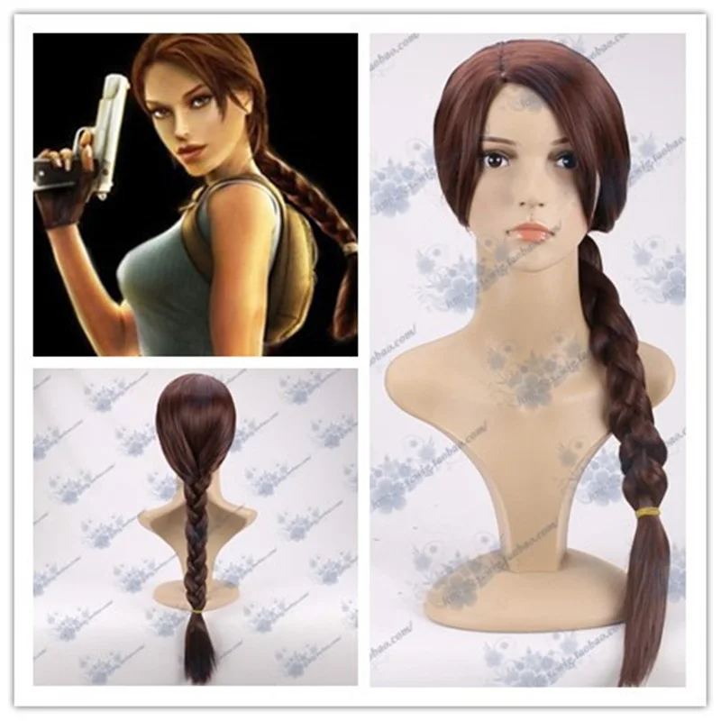 Tomb Raider-peluca trenzada Lara de película, personaje de juego Lara de 70cm, trenza marrón con estilo de cola, Cosplay de pelo sintético + gorro de peluca