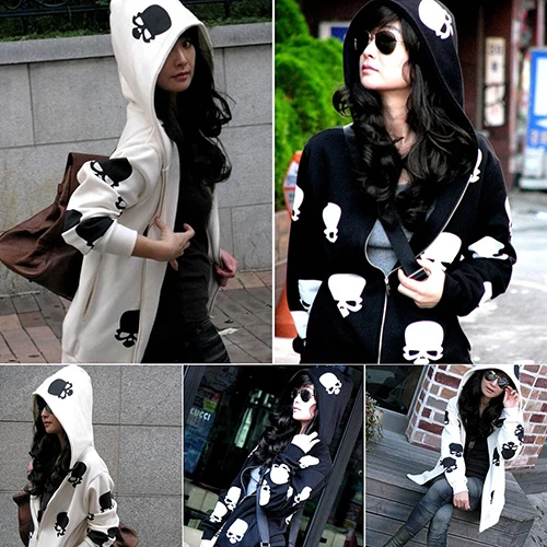 Women's Skull Zipper Sweater Hooded Cardigan Casual Hoodies Jacket Coat Tops | Женская одежда