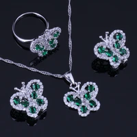 splendid butterfly green cubic zirconia white cz silver plated jewelry sets earrings pendant chain ring v0996