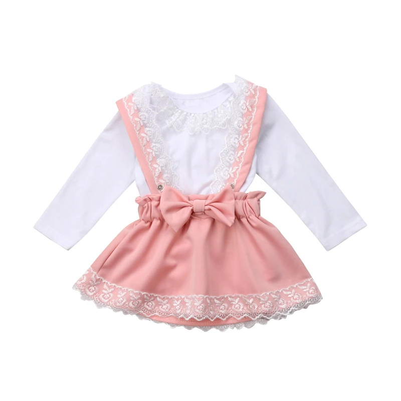 

Kid Baby Girl Lace clothes set solid color long sleeve lace Romper pink strap Bow knot Dress fashion Spring suit