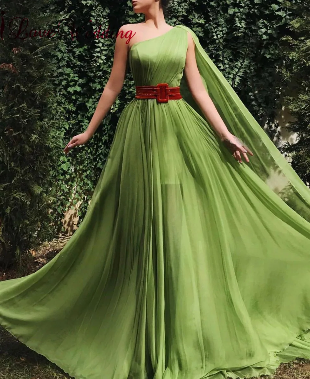 

New Arrival Green Chiffon Evening Dress Custom made A Line One Shoulder Formal Long Evening Gown