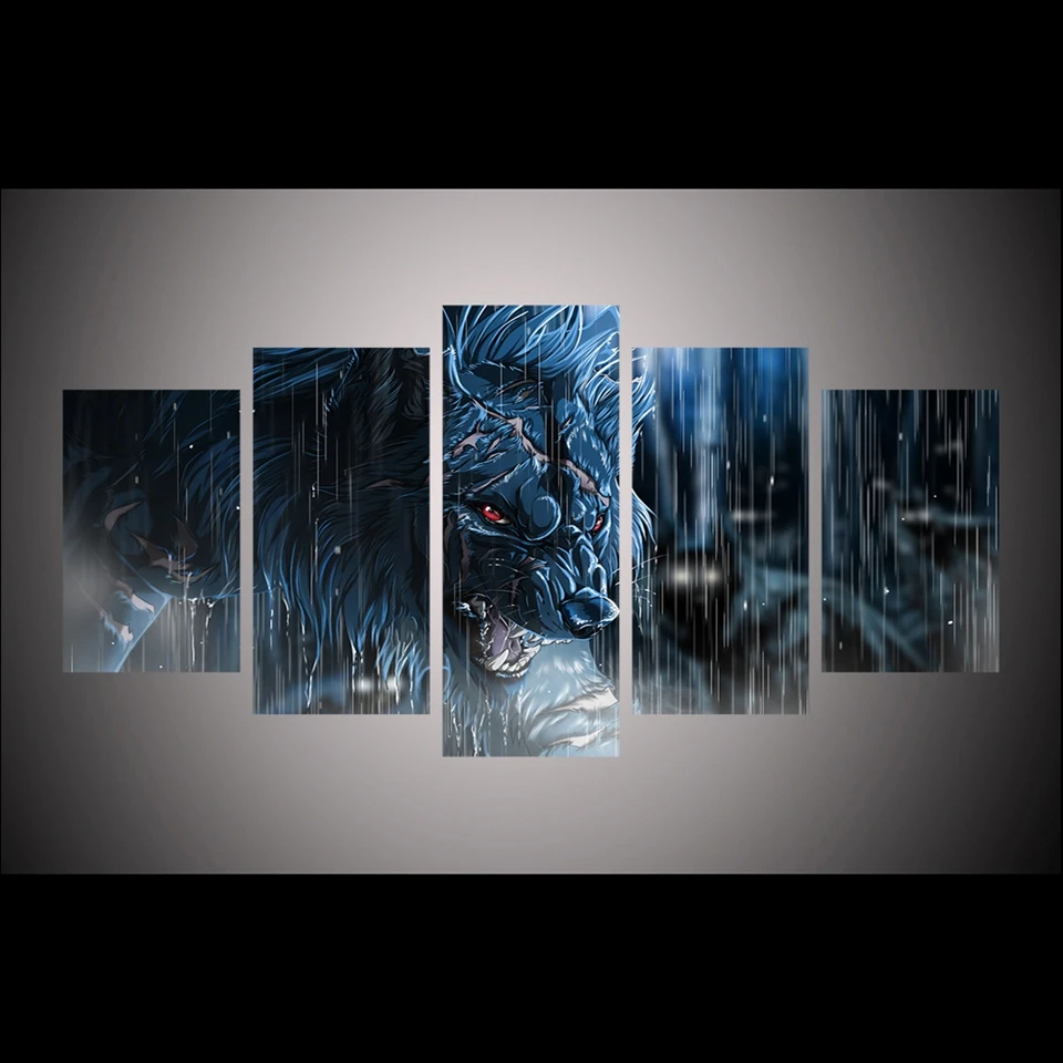 5 панелей мультфильм дождливый день Fierce Wolf для современного домашнего декора HD