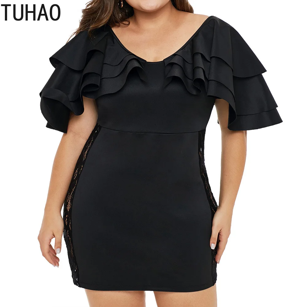 

TUHAO Spring Summer Elegant Party Dresses Plus Size 5XL 4XL 3XL Black Ruffles Sleeve Lace Hollow Out Woman Dress Night DLM
