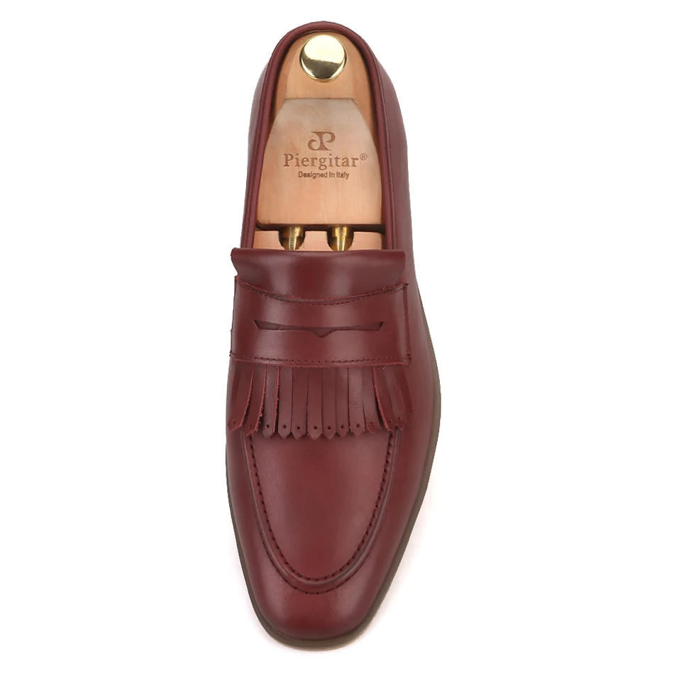 Piergitar 2019 hand-brushed calfskin men leather shoes with fringes wedding and party men's loafers smoking slippers plus size | Обувь