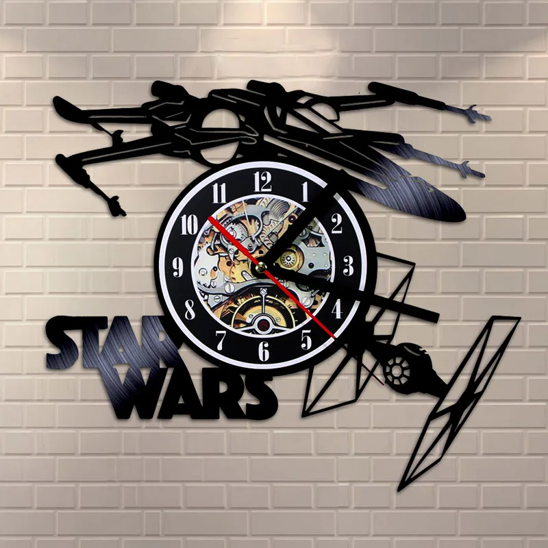 Creative Star Wars Theme Airplane Record Clock 3D Model Hollow Wall Clock Vinyl Record Material Antique Style Hanging Clock