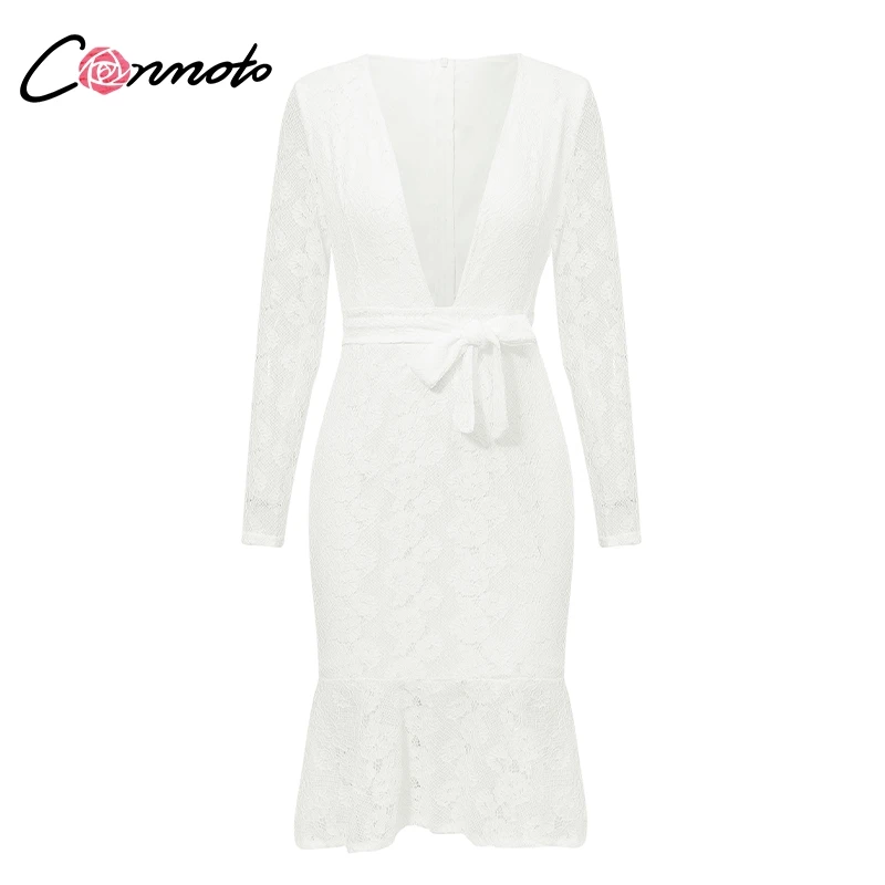 Женское кружевное платье Conmoto однотонное белое с длинным рукавом и прозрачной