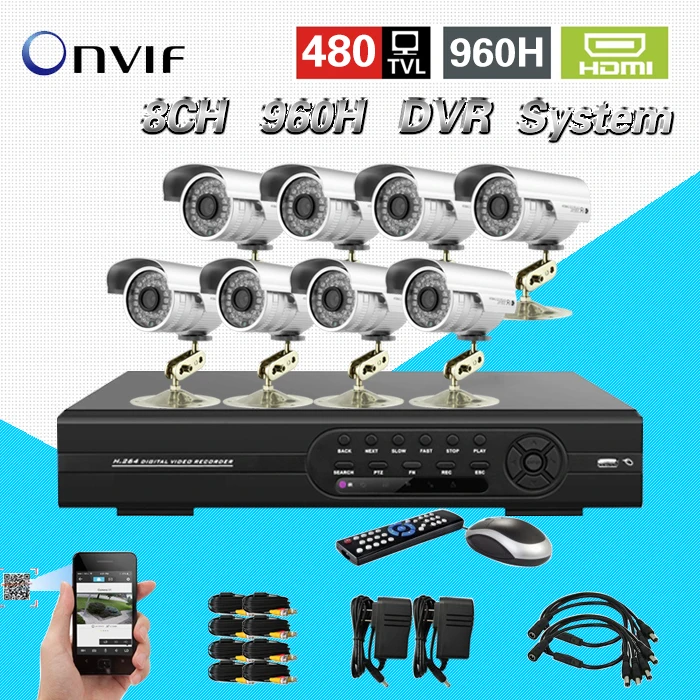 8ch H.264 сети 960 H D1 DVR комплект с 8 шт. 480TVL CCTV Камера охранных видеонаблюдения Системы