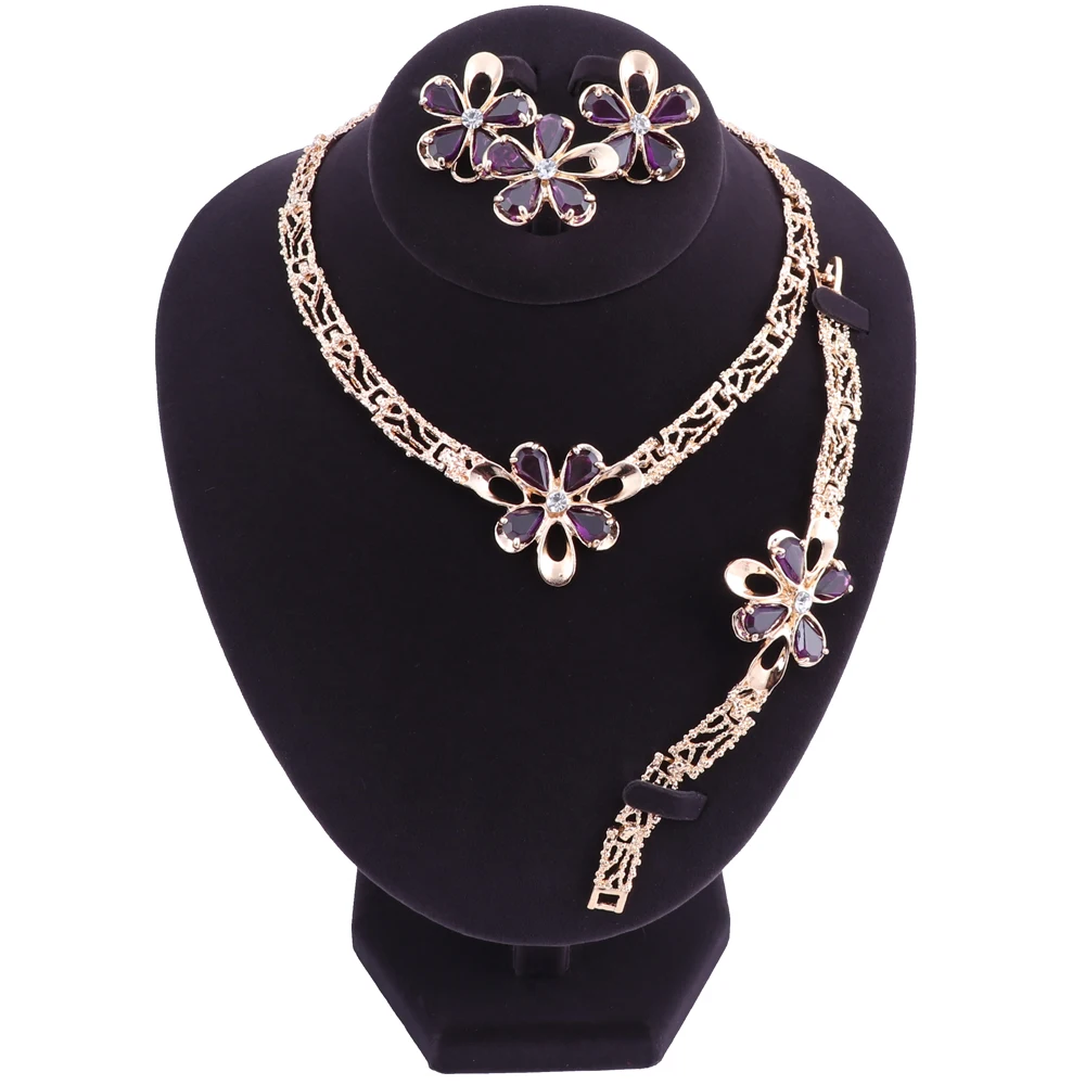 African Jewelry Set Gold Color Purple/Green Zircon Austrian Crystal Women Wedding Necklace Bracelet Earring Ring | Украшения и