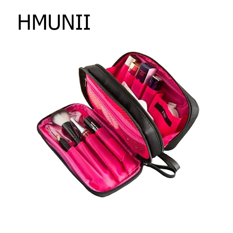 HMUNII New Double Layer Cosmetic Bag Travel Organizer Makeup Cases Pouch Beauty Brushes Lipstick Toiletry Accessories Supplies