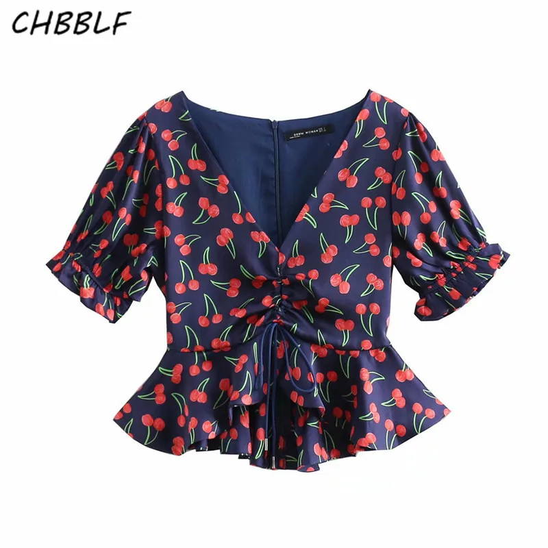 CHBBLF Женские V шеи с рисунком вишни блузка кулиска коротким рукавом и оборками
