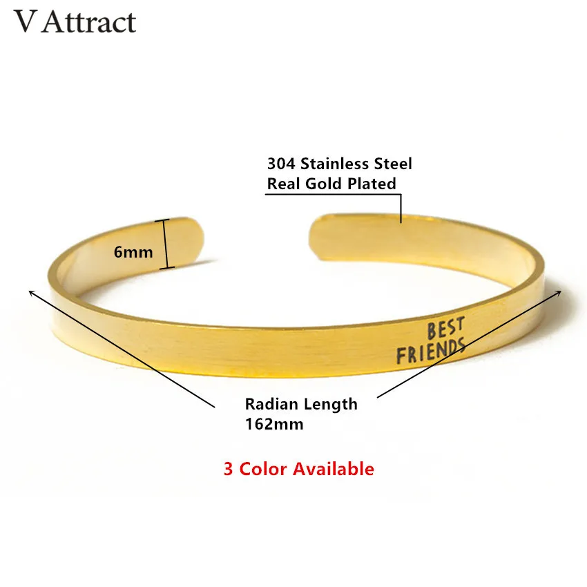 V Attract Friendship Jewelry Stainless Steel Gold Silver Simple Best Friend Letter Cuff Bracelets For Women And Men | Украшения и