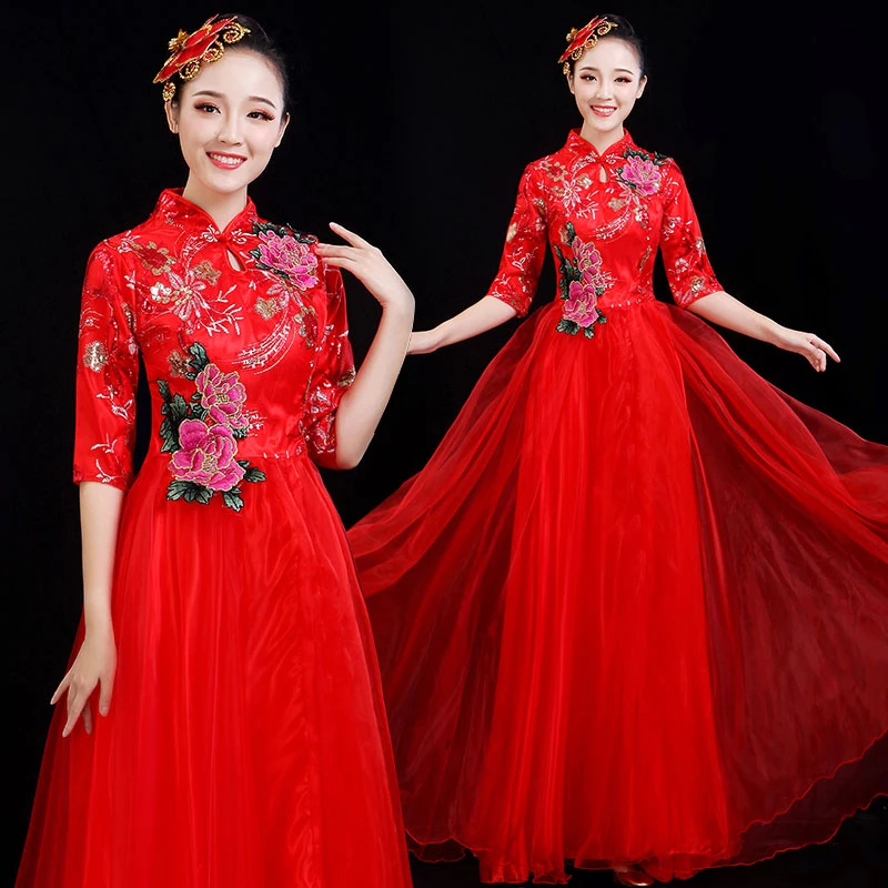 2019 Big swing skirt costumes new modern opening stage chorus costume guzheng dance long female adult S-XXXL | Тематическая одежда