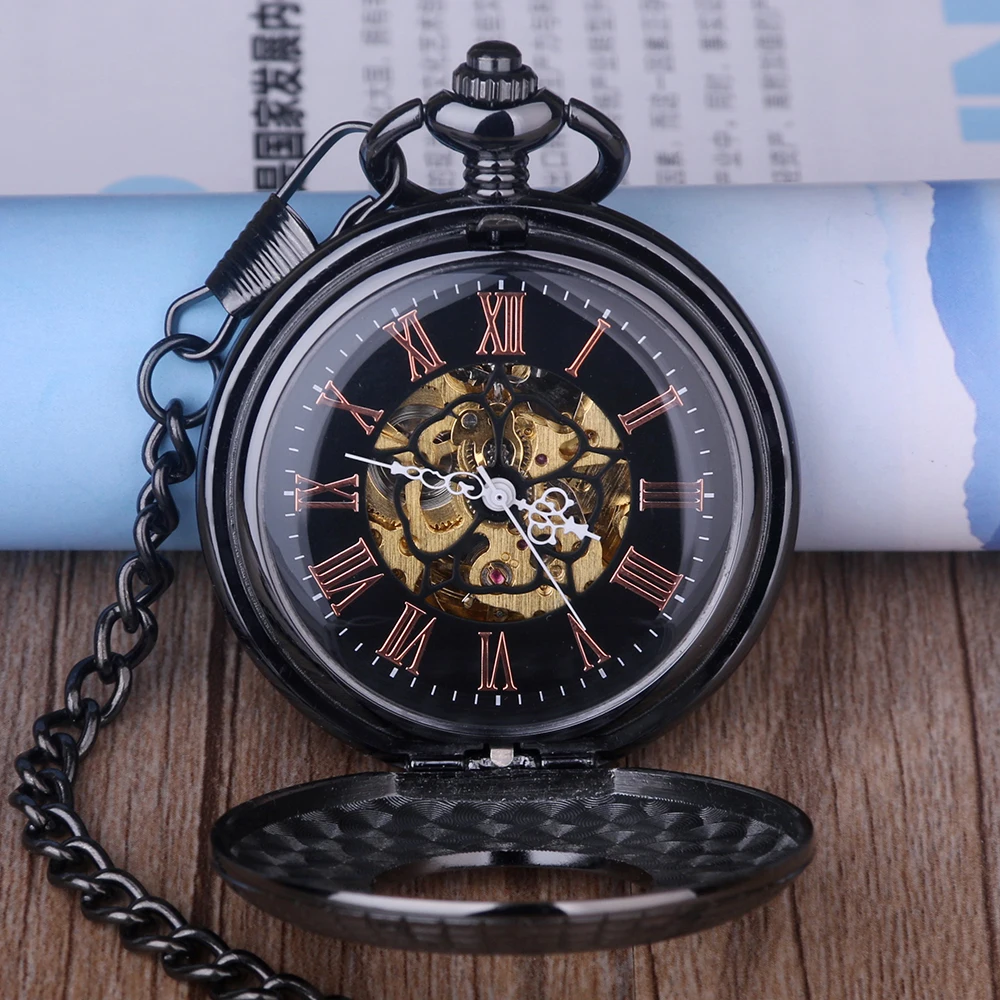 Luxury Black Roman Display Wooden Case Hollow Mechanical Pocket Watch Vintage Steampunk Mens Pendant Necklace Women Gift