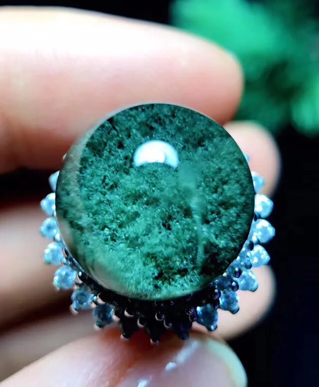 Регулируемое кольцо из серебра 925 пробы с природным зеленым фантомным кварцем 15