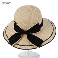 suogry sun hat big black bow summer hats for women foldable straw beach panama hat visor wide brim femme female 2017 new