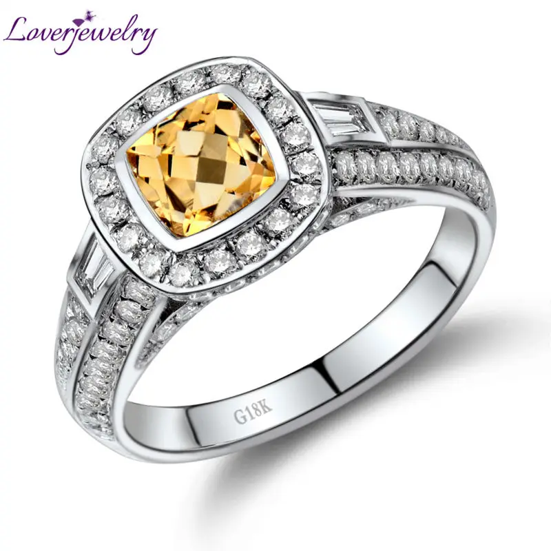 

LOVERJEWELRY Women Rings Solid 18K White Gold Diamond Yellow Citrine Ring Bezel Setting Citrine Ring Au750 Lady Wedding Jewelry