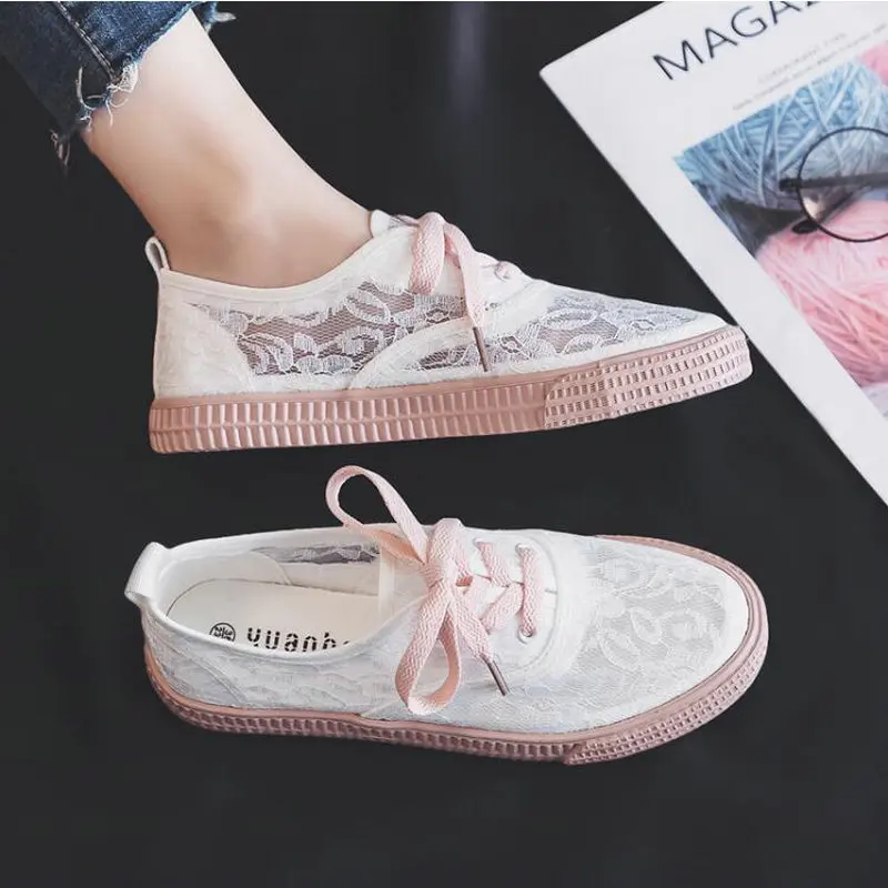 Женская кружевная обувь повседневная Удобная дышащая на плоской подошве белые
