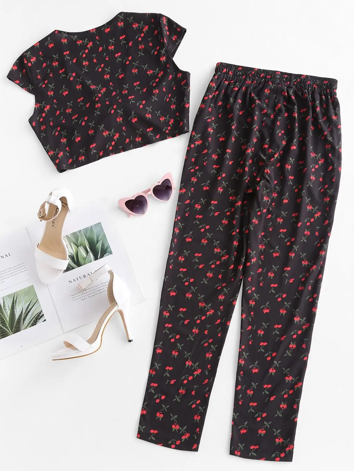 ZAFUL 2019 Укороченный топ Cherry Top и Брюки из двух частей Весна Горячей Печати С