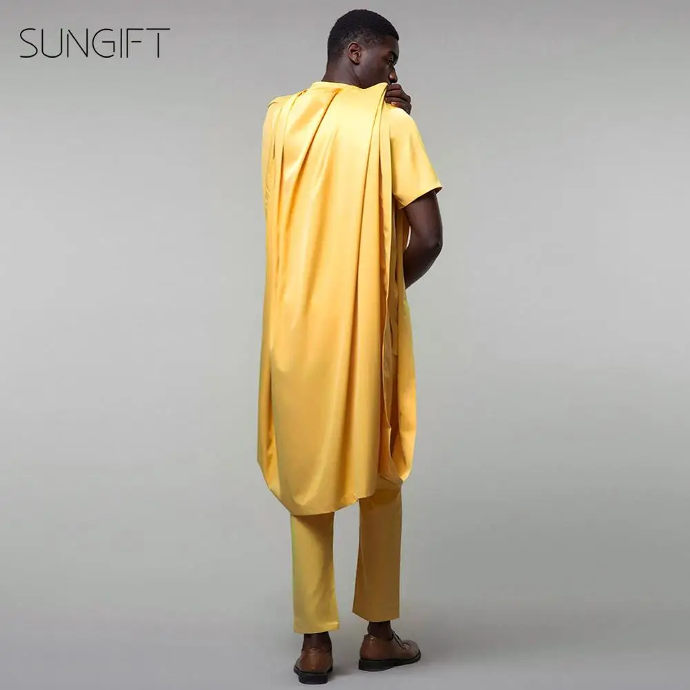 SUNGIFT Мужской Топ Agbada с коротким рукавом и брюки в африканском стиле желтая