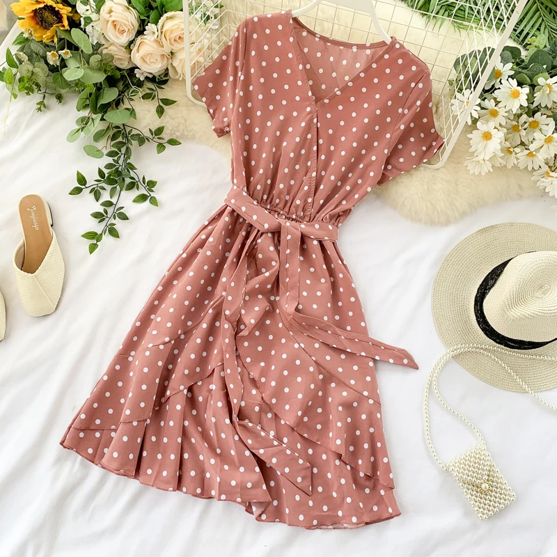 Vintage Polka Dot Print V Neck Ruffles Short Bandage Dress Chiffon Summer Party Women Casual High Waist Beach Dresses