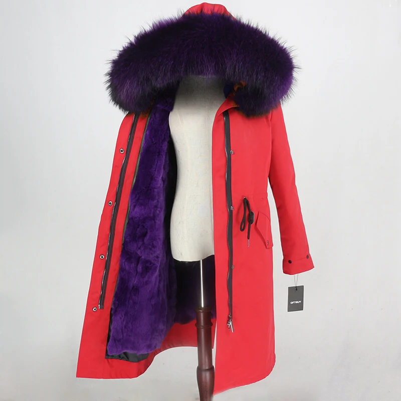 red purple OFTBUY водонепроницаемая верхняя одежда X-long Parka зимняя куртка женская шуба из натурального меха енота капюшон Подкладка из натурального кроличьего меха - Цвет: red purple